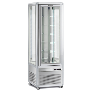 Panoramakühlvitrinen in Silber mit 6 Runden Glasablagen Panoramakühlvitrinen in Silber mit 6 Runden Glasablagen