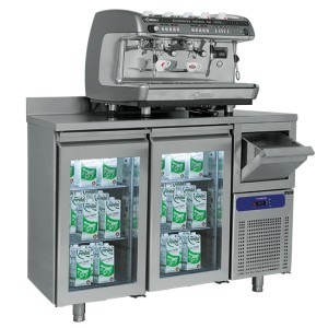 Kühltisch mit 2 Glastüren GN 1/1, Kaffeesatzschublade und Aufkantung, -2°/+8°C Kühltisch mit 2 Glastüren GN 1/1, Kaffeesatzschublade und Aufkantung, -2°/+8°C