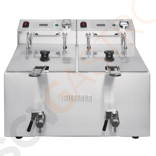 Buffalo Doppelfritteuse 2 x 8L 2,9kW mit Timer 2 x 2,9kW. Öl-Kapazität: 2 x 8L. Ausgabe: bis zu 16kg/Stunde