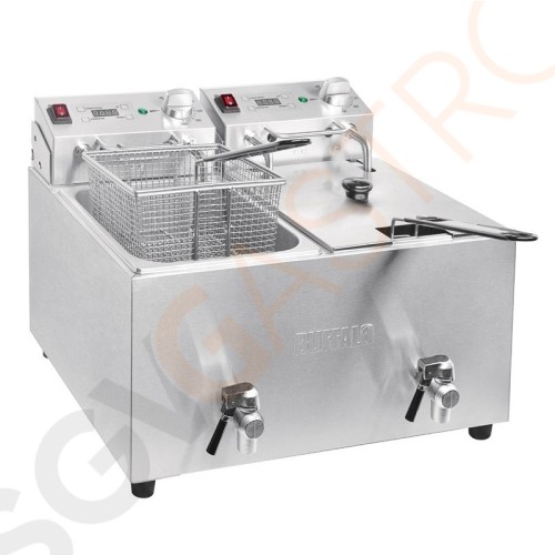 Buffalo Doppelfritteuse 2 x 8L 6kW mit Timer Netzanschluss 2 x 6kW. Öl-Kapazität: 2 x 8L. Ausgabe: bis zu 17,2 kg/Stunde