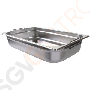 Vogue Edelstahl GN-Behälter GN1/1 mit Griffen 10cm Vogue Edelstahl GN-Behälter GN 1/1, 100 mm tief, mit Griff.