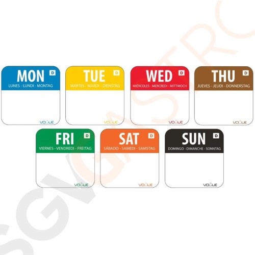 Vogue auflösbare Wochentagetiketten 2,5cm 7 Rollen mit 1000. Etikettengröße 2,5cm Vogue auflösbare Wochentagetiketten 2,5cm 7 Rollen mit 1000. Etikettengröße 2,5cm
