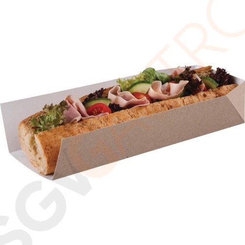 Kompostierbare Baguetteschachtel mit offener Seite 25cm Material: Pappe | Größe (cm): 5(H) x 25(B) x 8(T)cm | Menge: 500 Stück