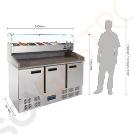 Polar Serie G Thekenkühltisch für Pizzen und Salate 368L Edelstahloberfläche mit Marmorplatte | Gastronorm-kompatibel | 3 Türen