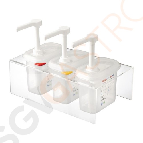 Araven 3 Soßenspender GN 1/9 Transparent 1,5L Kapazität: 3 x 1,5L | Größe: GN 1/9 | Polypropylen | 3 Stück