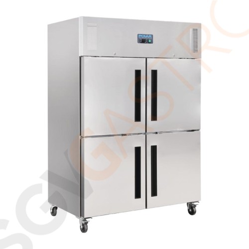 Polar Serie G Gefrierschrank Edelstahl mit geteilten Türen 1200L 700W/230V | 201 x 134 x 80cm | GN2/1-geeignet | (Nutz)Kapazität: 1200/770L | 6 Roste | 2-türig (geteilt) | Edelstahl