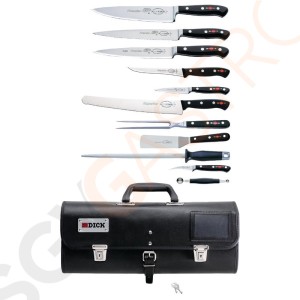 Dick 11-teiliges Messerset mit Tasche Kochmesser | Vielzweckmesser | Fleischmesser | Filetiermesser | Ausbeinmesser | 2 Schälmesser | Fleischgabel |  Palettenmesser | Schleifstab | Fruchtausstecher | Messertasche