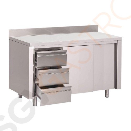 Gastro M Arbeitstisch mit Schubladen, Schiebetüren und Aufkantung 140cm lang Mit 3 Schubladen, Schiebetüren und Aufkantung | Edelstahl | 85 x 70 x 140cm Gastro M Arbeitstisch mit Schubladen, Schiebetüren und Aufkantung 140cm lang Mit 3 Schubladen, Schiebetüren und Aufkantung | Edelstahl | 85 x 70 x 140cm