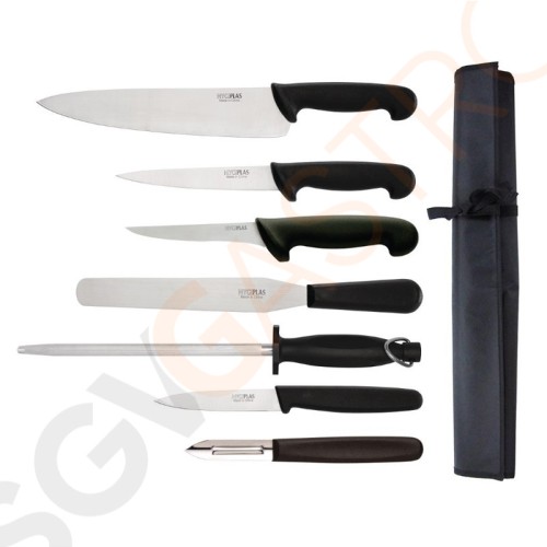 Hygiplas Starter Messerset 7-teilig Kochmesser | Palettenmesser | Filiermesser | Ausbeinmesser | Schälmesser | Schleifstab | Schäler | Tragetasche