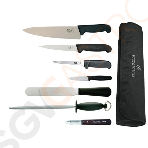 7-teiliges Messerset von Victorinox, Hygiplas und Vogue mit 21,5cm Kochmesser Kochmesser | Filiermesser | Palettenmesser| Ausbeinmesser | Schälmesser | Schleifstab | Schäler | Messertasche