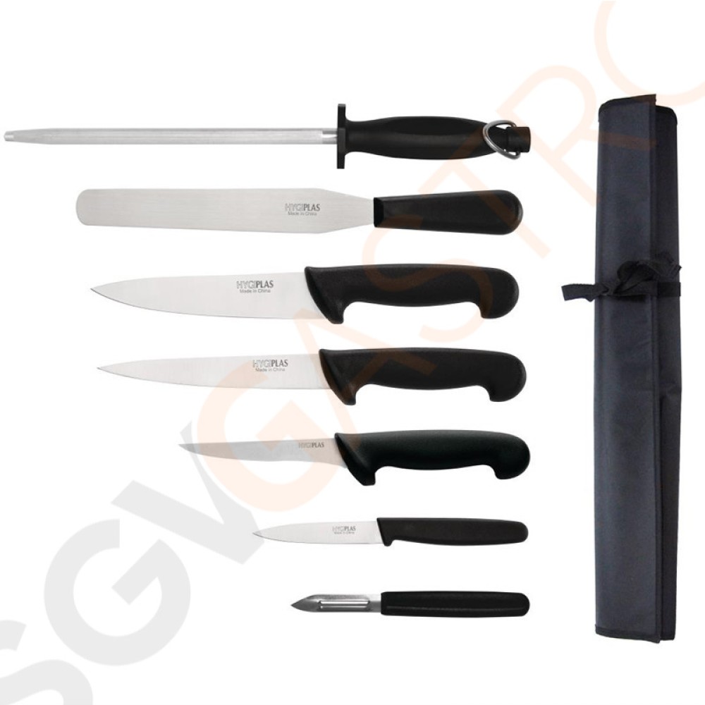 Hygiplas 7-teiliges Messerset mit 20cm Kochmesser und Tasche Kochmesser | Palettenmesser | Filetiermesser | Ausbeinmesser | Schälmesser | Schleifstab | Schäler | Tragetasche
