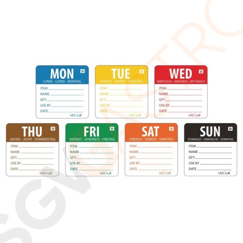 Vogue auflösbare Wochentagetiketten 5cm 1750 Stück | Größe: 5 x 5cm Vogue auflösbare Wochentagetiketten 5cm 1750 Stück | Größe: 5 x 5cm