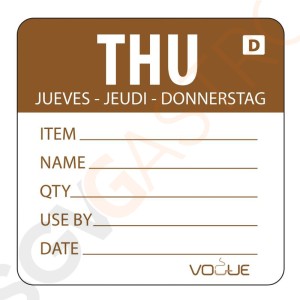 Vogue auflösbare Etiketten Donnerstag braun Donnerstag. Menge: 250 Stück je Rolle. Größe: ca. 5cm.
