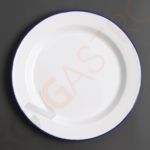 Olympia emaillierte Essteller weiß-blau 24,5cm 6 Stück | 24,5(Ø)cm | Edelstahl und Glasemail | weiß mit blauem Rand