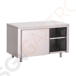 Gastro M Arbeitstisch mit Regal und Schiebetüren 160cm lang Mit Regal und Schiebetüren | Edelstahl | 85 x 160 x 70cm