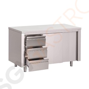 Gastro M Arbeitstisch mit 3 Schubladen und Schiebetüren 200cm lang Mit 3 Schubladen und Schiebetüren | Edelstahl | 85 x 200 x 70cm Gastro M Arbeitstisch mit 3 Schubladen und Schiebetüren 200cm lang Mit 3 Schubladen und Schiebetüren | Edelstahl | 85 x 200 x 70cm