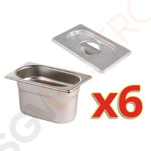 Vogue 6x GN-Behälter mit Deckel GN1/9 6 x GN1/9 100(T)mm mit Deckel für den Einsatz im Edelstahlständer (CC051).