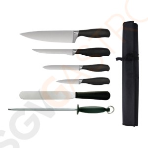 Vogue 6-teiliges Soft Grip Messerset und Tasche Kochmesser | Ausbeinmesser | Vielzweckmesser | Schälmesser | Palettenmesser | Schleifstab | Messertasche