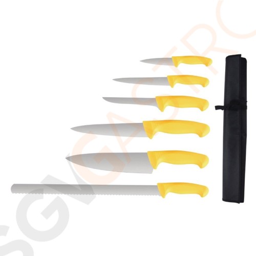 Vogue 6-teiliges Gelbes Soft Grip Messerset und Tasche Kochmesser | Ausbeinmesser | Schälmesser | Vielzweckmesser | Filetiermesser | Zackenmesser | Tasche