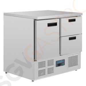 Polar Serie G Kühltisch 1-türig mit 2 Schubladen 240L Arbeitstisch mit Kühlschrank, Edelstahl, 1 Tür und 2 Schubladen.