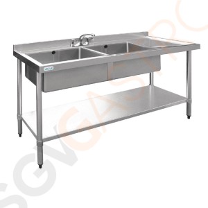 Vogue Spültisch Doppelbecken links 150cm lang Geeignet für Armatur Y770 | mit Aufkantung und Regalboden | Edelstahl | 90 x 150 x 60cm | 2 Becken links