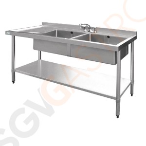 Vogue Spültisch Doppelbecken rechts 150cm lang Geeignet für Armatur Y770 | mit Aufkantung und Regalboden | Edelstahl | 90 x 150 x 60cm | 2 Becken rechts