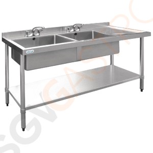 Vogue Spültisch Doppelbecken links 180cm lang Geeignet für Armatur Y770 | mit Aufkantung und Regalboden | Edelstahl | 90 x 180 x 60cm | 2 Becken links