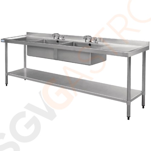 Vogue Spültisch Doppelbecken in der Mitte 240cm lang Geeignet für Armatur Y770 | mit Aufkantung und Regalboden | Edelstahl | 90 x 240 x 60cm | 2 Becken in der Mitte